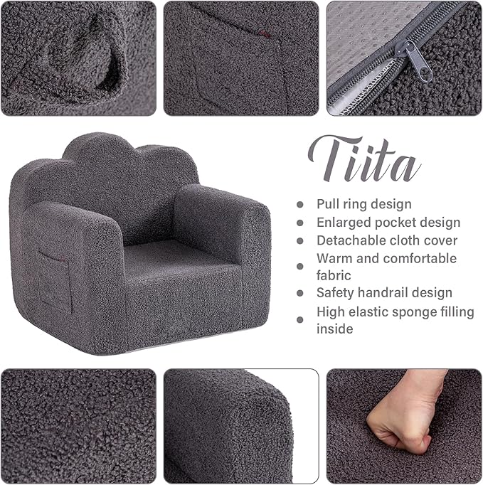 Tiita Kids Couch Plush Toddler Chair, Cloud-Like Glow in The Dark Kids Sofa Toddler Reading Chair with Washable Cover Carrying Handle, Convertible Children Sofa Chair for Girls and Boys
