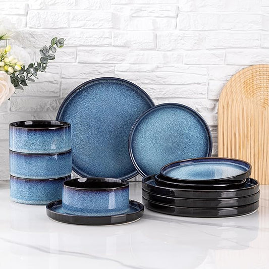 LERATIO Ceramic Dinnerware Sets for 4,Round Reactive Glaze Ceramic Plates and Bowls Set,Highly Chip and Crack Resistant | Dishwasher & Microwave Safe Dishes Set,Service for 4 (12pc)-Blue