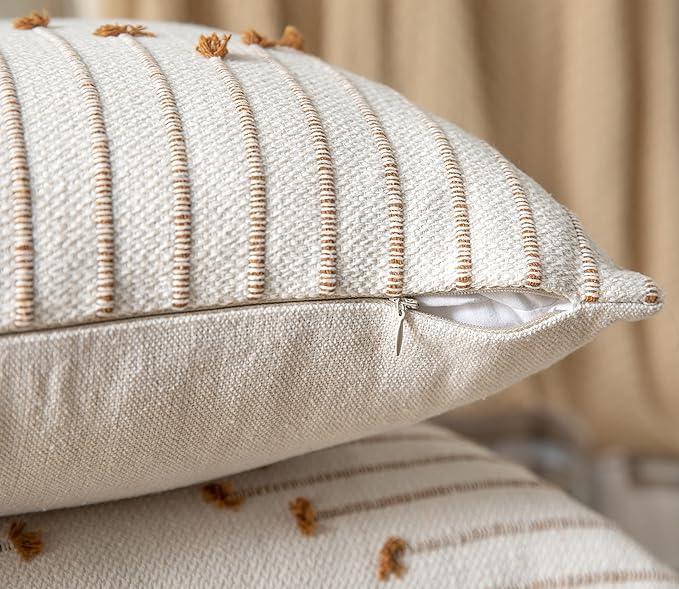 Caflife Boho Throw Pillow Covers 12x20 Set of 2 Decorative Pillows for Bed, Neutral Pillow Covers Beige with Brown Line Throw Pillows for Modern Farmhouse Couch Sofa Living Room Outdoor
