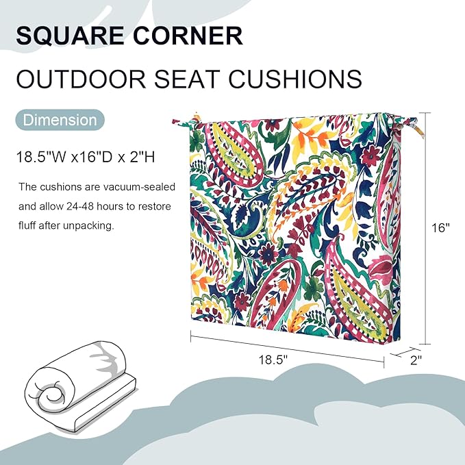 Set of 4 Outdoor Square Chair Cushions 18.5"x16"x2" for Patio, Water Resistant Patio Dining Seat Pads Replacement for Kitchen Garden and Outdoor Furniture Decoration - Vigour Paisley