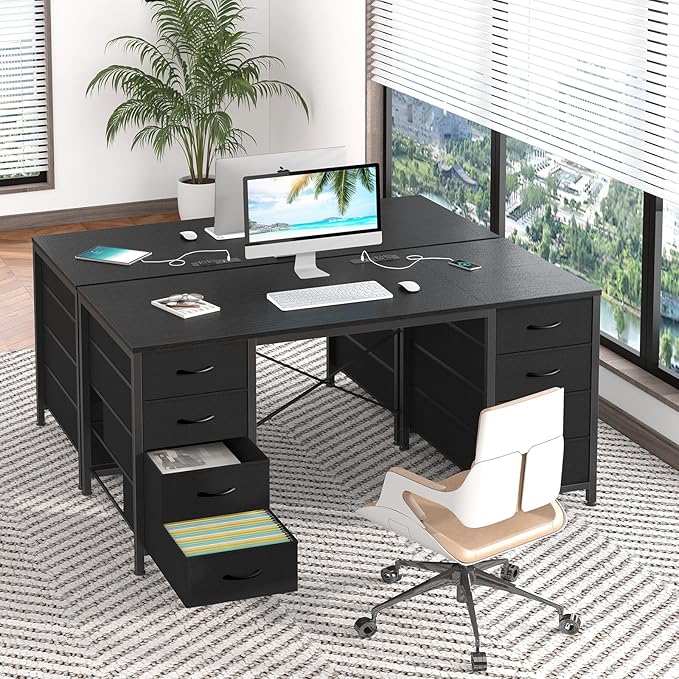 50 Inch Computer Desk with 8 Drawers, Home Office Desk with Power Outlets, Work Study Gaming Desk with 8 Fabric Drawers, Black