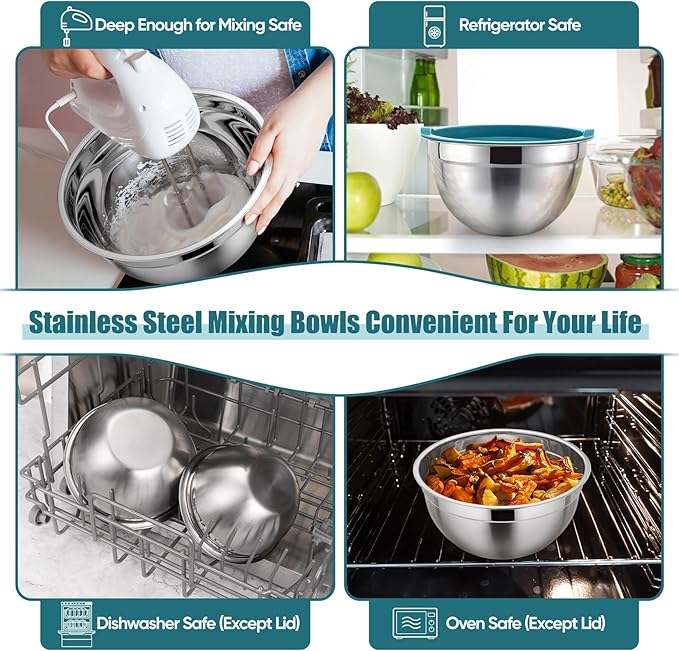 P&P CHEF Mixing Bowl with Airtight Lid Set of 5, 10-Piece Stainless Steel Nesting Salad Bowl Set for Prepping, Mixing and Serving, Size 4.6, 3, 1.5, 1, 0.7 QT, Rimmed Edges & Flat Base, Blue