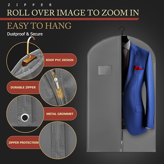 5 Pack 40-inch Suit Bag Garment Bag for Travel and Storage, Garment Bags for Hanging Clothes with Zipper and Visible Transparent Window, Gray