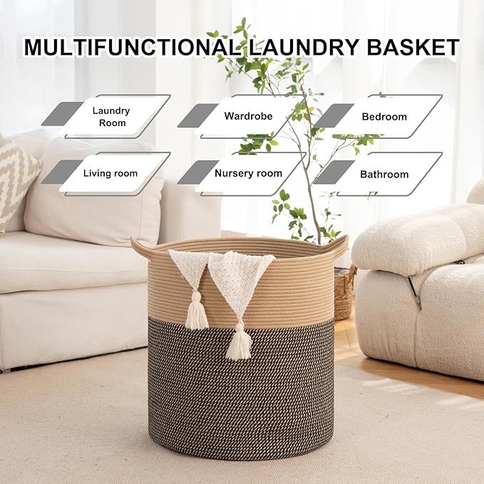 Laundry Basket, 100L Large Laundry Hamper, Tall Woven Rope Storage Basket for Blanket Toys Pillows Towels, Baby Nursery Hamper Bin for Living Room, Bedroom (Black & Yellow)