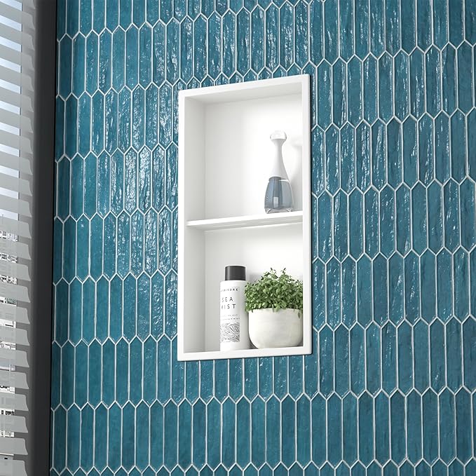 Stainless Steel Shower Niche 24" X 12" Matte White No Tile Needed Vertical Niche Shower with Two- Tier Shelves Recessed Wall Niches for Bathroom Storage Over Mount Installation