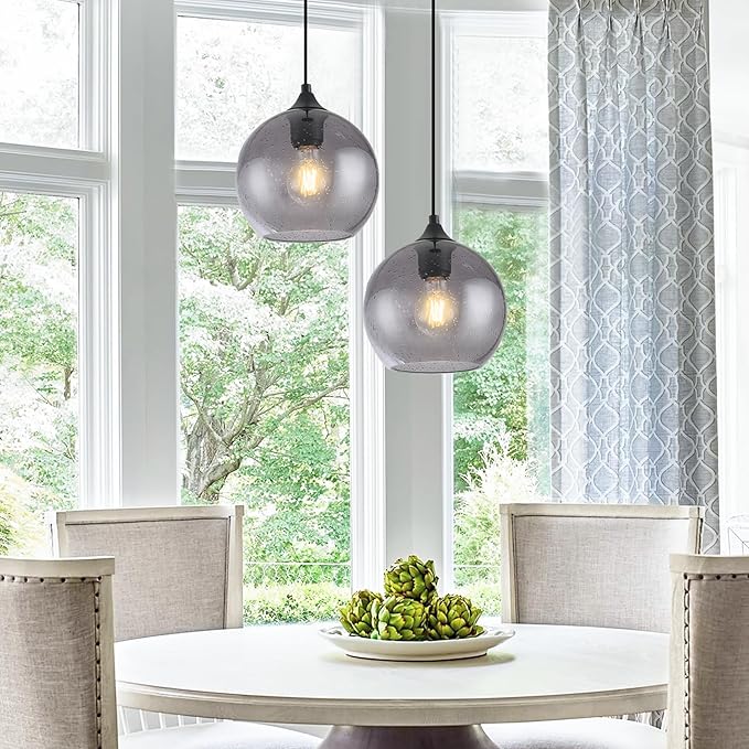 Gray Glass Pendant Lights Kitchen Island Lighting Globe Pendant Light Fixtures Modern Pendant Lighting for Kitchen Island Bedroom Living Dining Room Light Fixture-7.8in,2Pack
