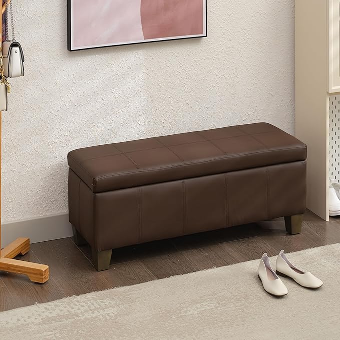 Brown Faux Leather Ottoman with Storage, Rectangular Extra Long Storage Bench for Bedroom and Living Room