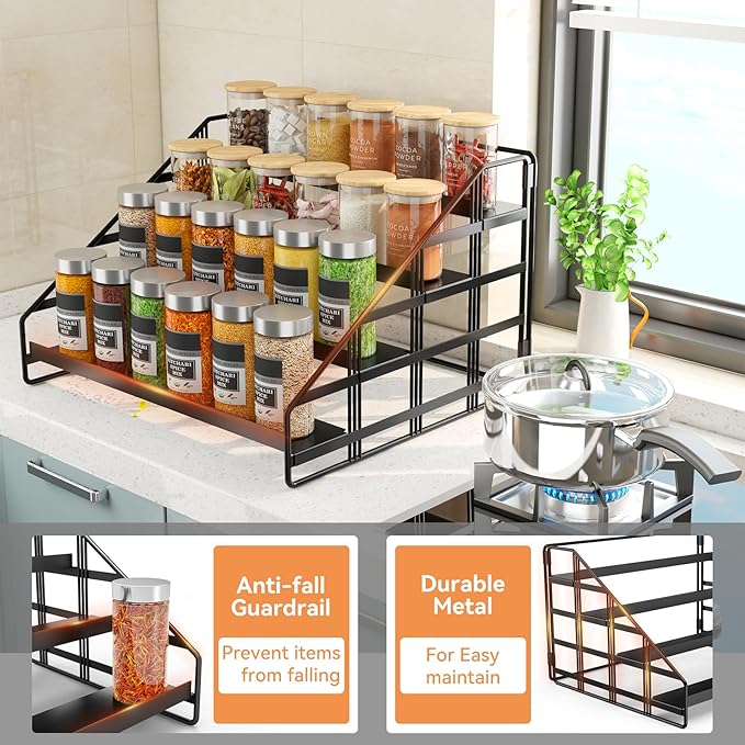 Spice Rack Kitchen Cabinet Organizer,4 Tier Countertop Spice Rack,Tier Depth Adjustable Cabinet Shelf,Step Spice Organization Easy Visibility,Holds Seasoning and Condiments