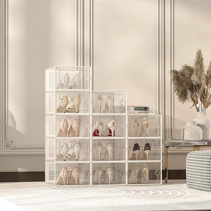 Kuject X-Large Shoe Storage Boxes Organizers Clear Plastic Stackable 12 Pack, Shoe Rack & Holder Substitute, Sneaker Containers, Toy Storage Organizer Bins for Entryway, Closet, Under Bed, White