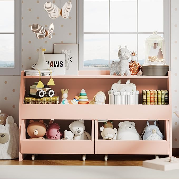 Toy Storage Organizer for Kids, Toy Storage Cabinet with Drawers, Boys and Girls Toy Shelf with Wheels, Toy Organizer Kids Bookshelf with Storage for Nursery, Playroom, Bedroom (Light Pink)