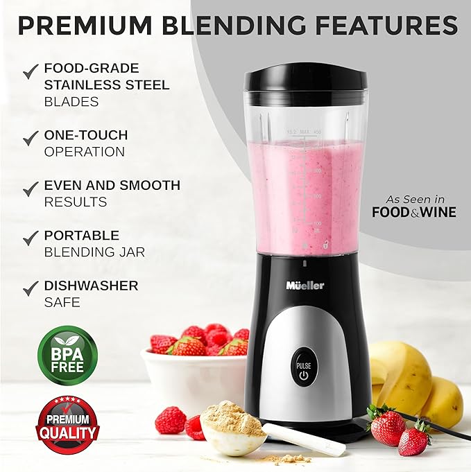 Mueller Smoothie Blender for Smoothies - Personal Blender for Shakes, Frozen Drinks, Baby Food & More, 15oz Travel Cup and Lid, Durable Stainless Steel Blades for Powerful Blending Performance, Black