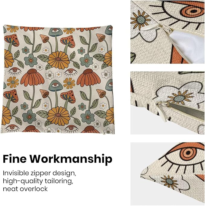 BETGINY Boho Throw Pillow Covers 22 x 22 Inch Set of 2, Yellow Orange Fun Cute Mushrooms Retro Decorative Outdoor Pillow Covers 70s Vintage Floral Linen Farmhouse for Couch Sofa Summer Home Decor
