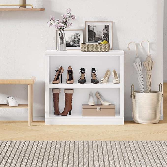 blini 2-Shelf White Bookcase Wooden Bookshelves 33in Wide Floor Standing Display Storage Shelves Oak Bookcase for Home Office, Living Room, Bed Room