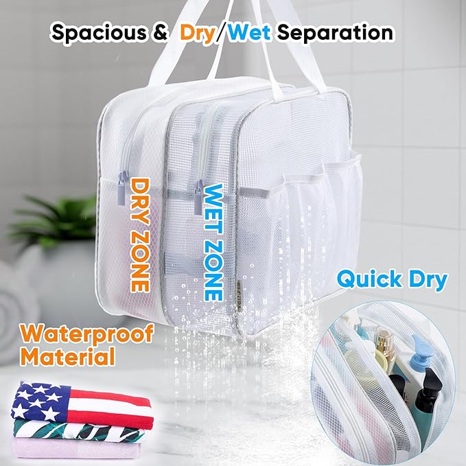 Large Mesh Shower Caddy with Wet & Dry Zones – Portable Hanging Toiletry Bag for College Dorm Room Essentials, Travel, Gym, Camping, Beach Tote Bag – Quick-Dry Shower Tote Organizer