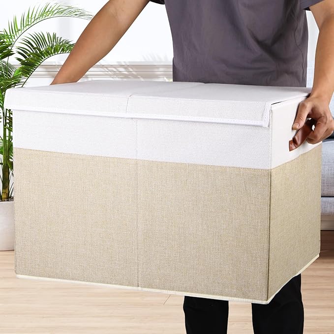 Large Toy Storage Box with Lid, Sturdy Toys Storage Chest Bin Organizer Basket with Dividers for Kids, Boys, Girls, Nursery, Closet, Bedroom, Playroom 26"x17" x17" (Beige and White)