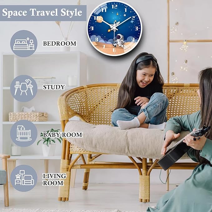 12 Inch Silent Movement Kids Wall Clock, Non Ticking Children Round Wall Clock Battery Operated Space Travel Style Decor Children Clock for Home School Boys Bedroom Living Room (White)
