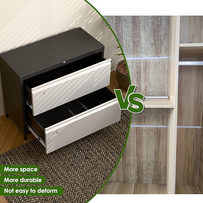 Metal 2 Drawer Lateral File Cabinet with Lock & Adjustable Feet - Wide Filing Cabinet for Letter/Legal/F4/A4 Hanging Files - Includes Business Card Holder,Home Office School Storage,Black/Grey