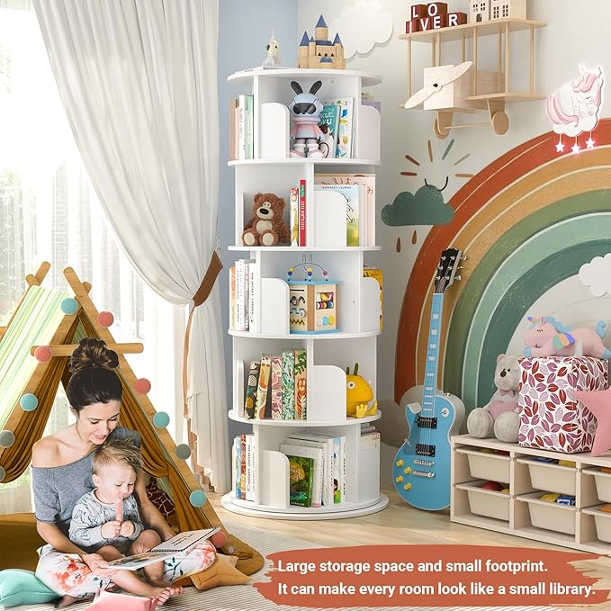Rotating Bookshelf Tower, 5 Tier Spinning Bookcase, Revolving 360 Book Shelf Narrow Tall Bookcase, Vertical Turning Round Bookshelf Organizer, Wood Corner Book Shelf for Small Space, White