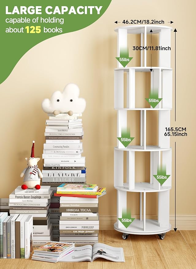 Baoz 5-Tier Rotating Bookshelf Tower, 360° Display Stackable Spinning Bookshelf with Wheels, Floor Standing Corner Revolving Bookcase, Rotating Book Shelf for Kids Rooms, Living Room, Bedroom - White