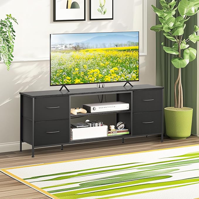 TV Stand for Bedroom, Television Stand for TV up to 55 Inch Entertainment Center Dresser with 4 Drawers Open Storage Shelves for Living Room, Entryway (Black and Charcoal Black)