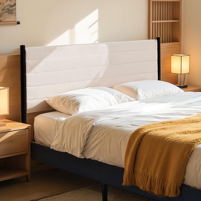 Hokway Bed Frame Upholstered Platform Bed with Headboard Wooden Slat Support No Box Spring Needed(King, Beige)