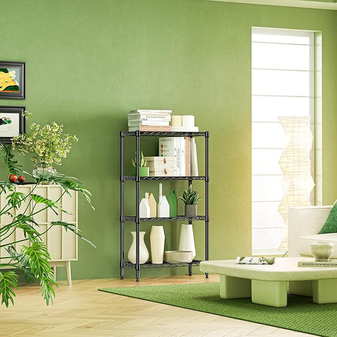 IZEUK 4 Tier Steel Storage Shelves, Heavy Duty Metal Shelf Wire Shelving Rack for Pantry, Kitchen, Living Room, or Office Organization (11.8" D x 25.6" W x 45.5" H, 1000LBS, Black)