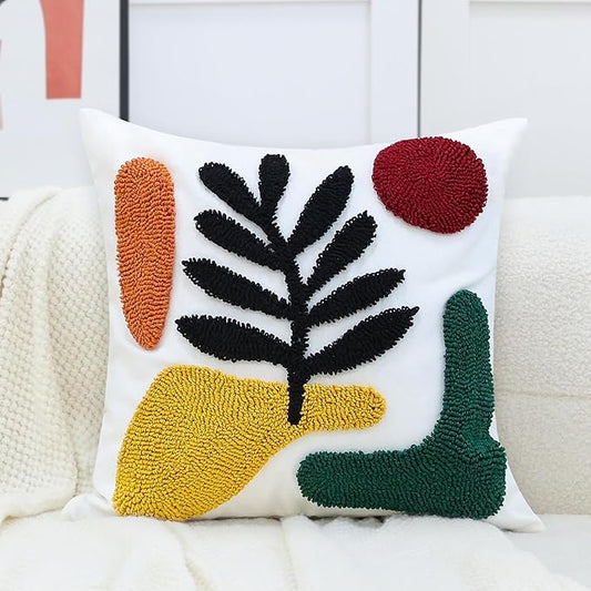 Boho Accent Pillow Covers 18x18- Tufted Abstract Modern Square Throw Pillow Covers, Farmhouse Decorative Pillowcase for Couch, Sofa, Bed, Living Room-Dark Green Khaki Red Geometric Black Leaf