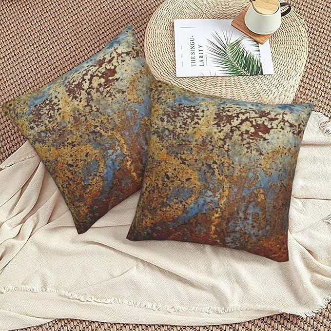 Metallic Bronze Brown Gold Orange Teal Rustic Throw Pillow Covers Set of 2 Rusty Copper Pillowcases Cushion Case Square for Soft Home Decor Bed Couch Car Living Room 18x18 Inch