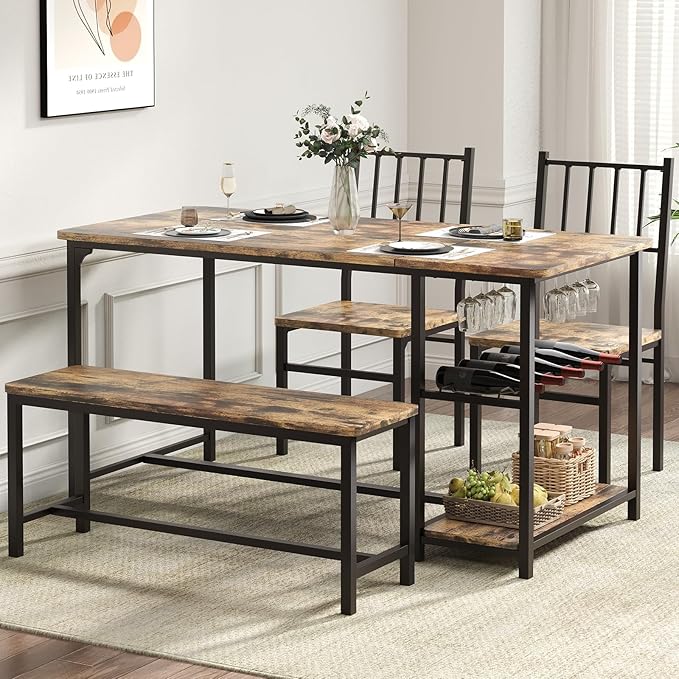 Dining Table Set for 4, Kitchen Table and 2 Chairs for 4 With Bench, Dining Table Set With Built in Wine Rack&Wine Glasses Holder, Storage Shelves for Small Space, Apartment, Kitchen, Rustic Brown