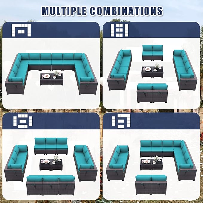 Kurapika 14 Pieces Patio Furniture Set, Rattan Wicker Outdoor Conversation Sets w/4 Inch Cushion and Glass Coffee Table(Blue)