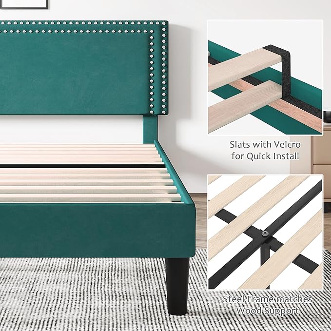 VECELO Full Size Bed Frame with Adjustable Upholstered Headboard, Wooden Slats Platform, Noise-Free Design, No Box Spring Needed, Easy Assembly