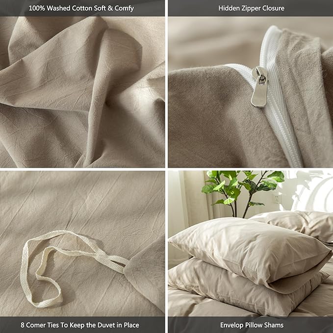 MooMee Bedding Duvet Cover Set 100% Washed Cotton Linen Like Textured Breathable Durable Soft Comfy (Solid Mocha Brown, Cal King 104"x98")