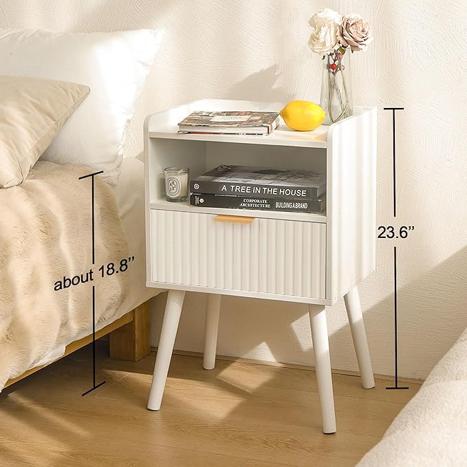 AWASEN White Nightstand, Modern Bedside Table with Fluted Drawers, Small Night Stand Bed Side Table with Solid Wood for Living Room, Bedroom, Office and Small Space (White)