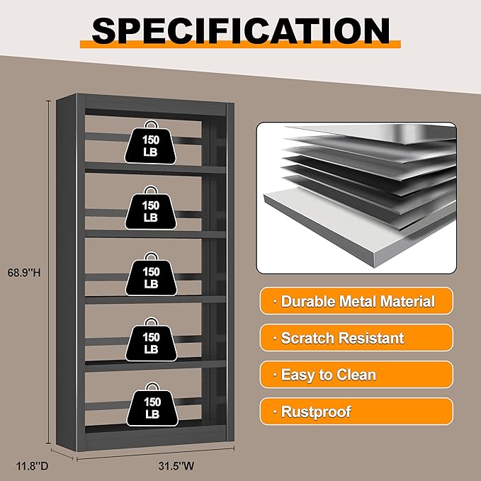 69" Metal Bookcase, 5 Tier Bookshelf with Adjustable Shelves, Heavy-Duty Steel Storage Shelves for Living Room, Home Office, Library, or Bedroom, Black