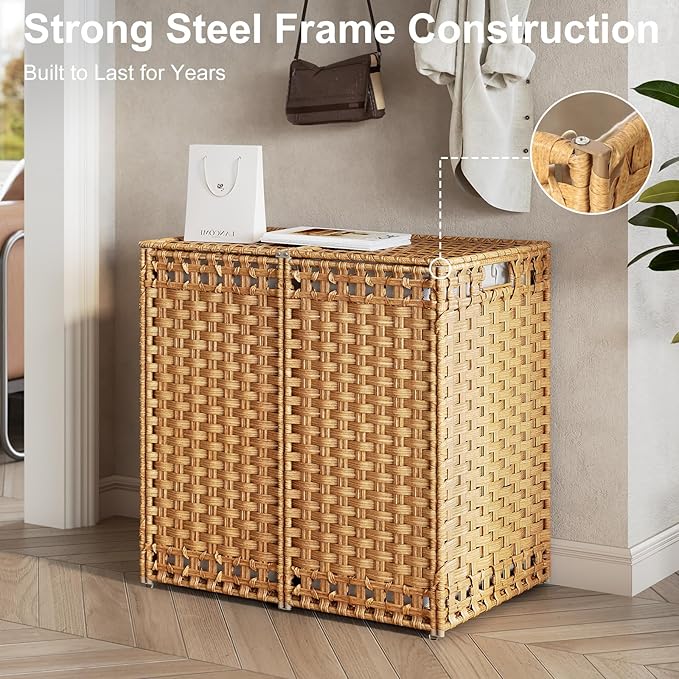 170L Foldable Laundry Hamper with Lid - Handwoven Rattan Storage Basket, 2-Section Clothes Hamper w/2 Removable Liner Bags, Easy Assembly, Portable for Bedroom Bathroom Dorm,Natural