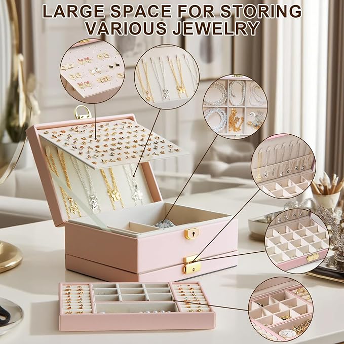 Yoobao Jewelry Box for Women, 3 Layer with Double Lock, Removable Tray, Jewelry Holder Organizers for Earrings Necklaces Rings Bracelets Watches, Ideal Present for Birthday Graduation Anniversary