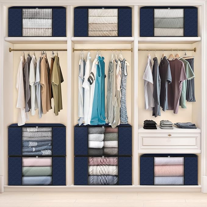 Fab totes 10 Pack Clothes Storage, Foldable Thick Fabric Blanket Storage Bags, Containers for Organizing Bedroom, Closet, Clothing, Comforter,Closet Organization with Handle,Blue