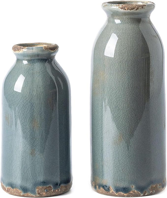 VICTOR & TERESA Blue and Grey Ceramic Vase Home Decor, Farmhouse Vases for Flowers, Flower Vase Set of 2, Rustic Decorative Vases for Pampas Grass, Table, Living Room, Shelf, Centerpieces, 8 inch