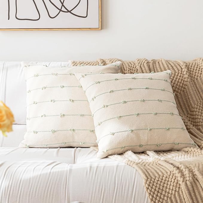 Boho Throw Pillow Covers 24x24 Set of 2 Modern Farmhouse Decorative Cushion Case Tufted Square Pillows Cover Neutral Pillow Cases Accent Pillowcase for Sofa,Couch,Bed,Beige and Green