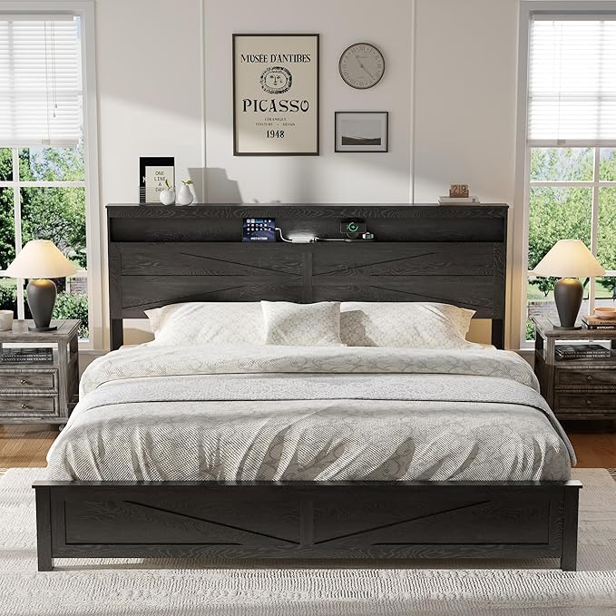 Farmhouse Wooden Bed Frame King Size with Storage Headboard, Boho Platform Bedframe with LED Lights and Charging Station, Metal Slats Support, No Box Spring Needed, Black