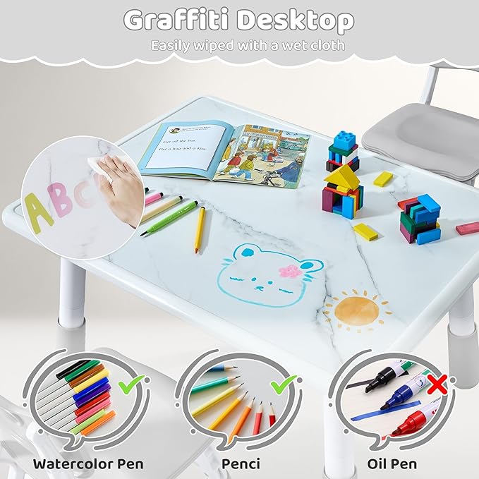 Toddler Table and 2 Chairs Set, Height Adjustable Kids Table and Chairs, 31.5''L x 23.6''W, Marble Pattern & Graffiti Desktop, Children Multi-Activity Table for Home/Daycare/Classroom