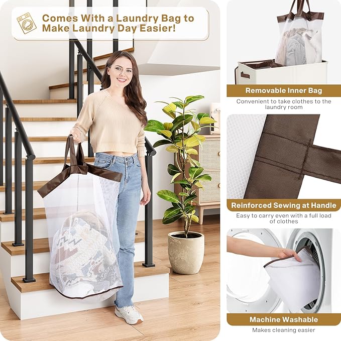 SOLEDI Luxury Double Laundry Hamper with Lid and Removable Bags, Large Hamper for Laundry, Laundry Basket 2 Sections, Collapsible Ditry Clothes Hamper for Bedroom, Laundry Room, Bathroom, Off-white