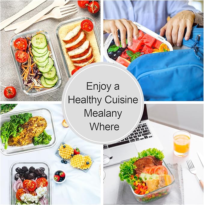 VERONES 10Pack Glass Meal Prep Containers, Airtight Glass Lunch Containers,Stackable Food Storage Containers Set with Lids,Exclusive of BPA, for Microwave,Oven, Freezer&Dishwasher Friendly,White