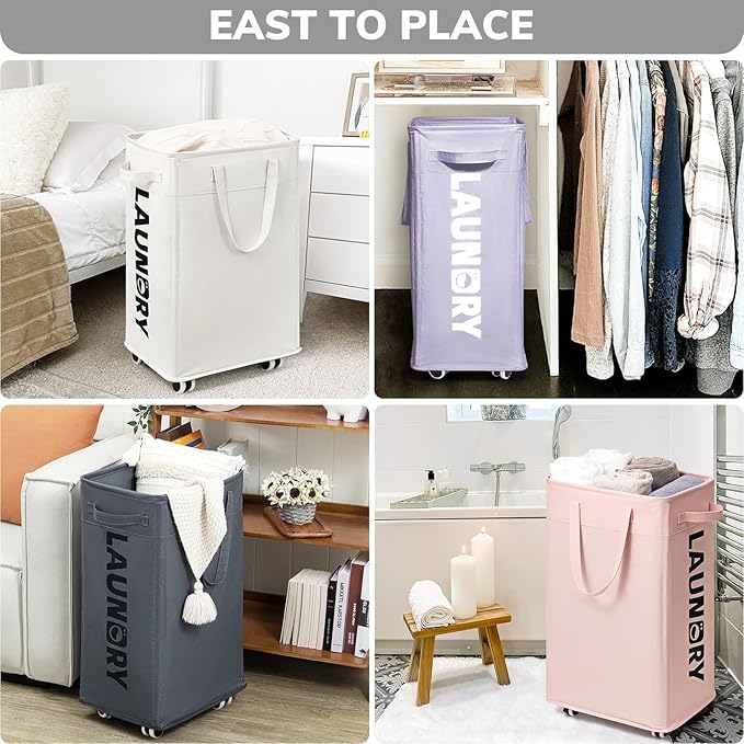 Goodpick Laundry Basket with Wheels,75L Collapsible Laundry Baskets with Removable Wash Bag, Clothes Laundry Hamper on Wheels, Light Purple