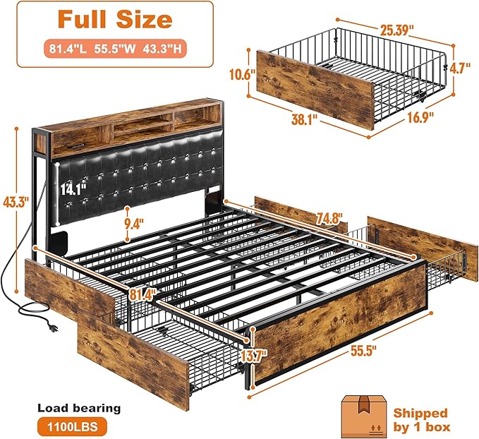 EnHomee Full Bed Frame with 4 Storage Drawers and Headboard Upholstered Bed Frame Full Size with Charging Station, No Noise, Metal Support, No Box Spring Needed,Vintage Brown