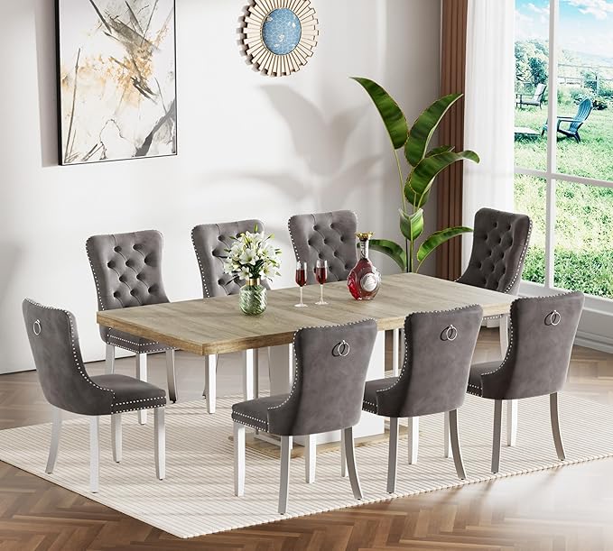 Goujxcy 78.7" Farmhouse Extendable Dining Room Table Set for 8, 9-Piece Rectangle Kitchen Dining Room Table Set with Wood Base and 8 Grey Velvet Dining Chairs, Extending Kitchen & Dining Table Set
