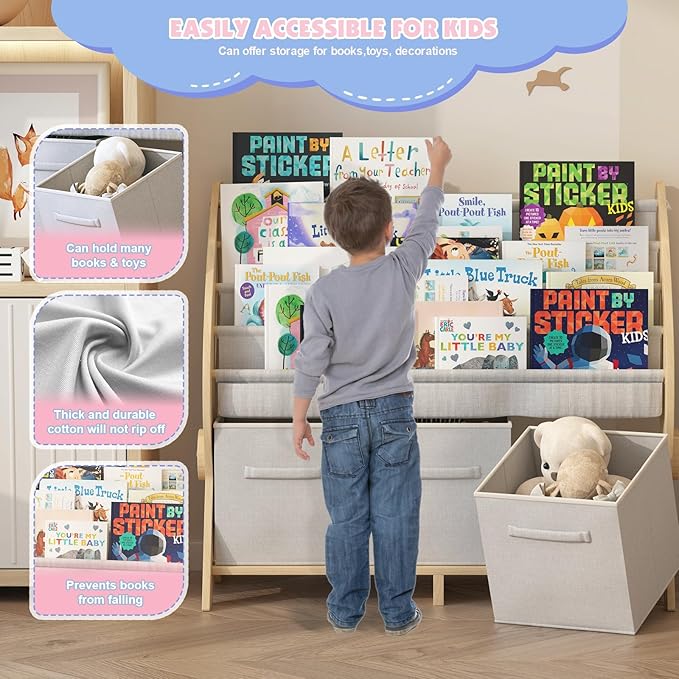 Kids Bookshelf 4 Tier Toddler Book Rack Baby Bookcase with 3 Toy Storage Organizer Cube Bins Fabric Sling Children Bookshelf for Boys Girls Kids Room Nursery Palyroom Book Display Shelf Wood