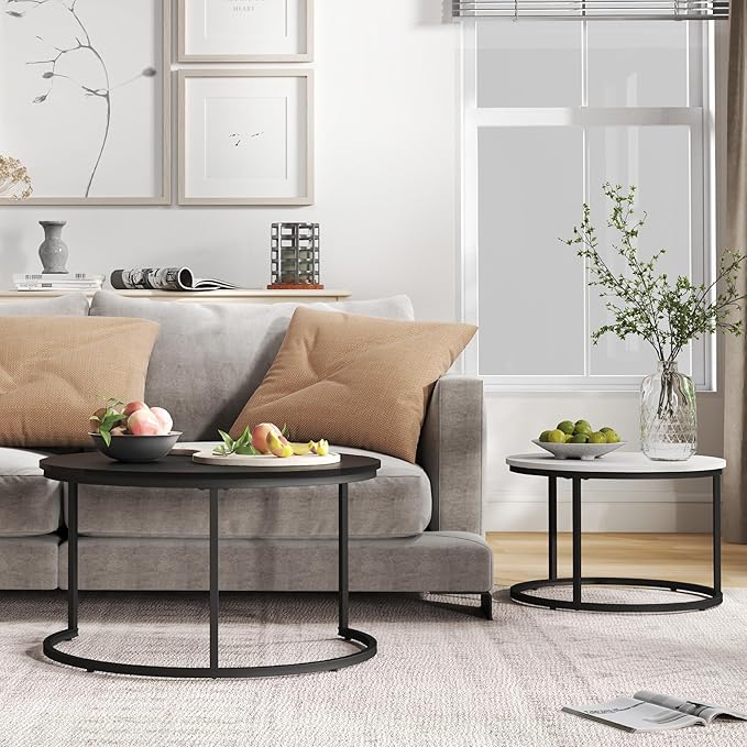 Nesting Tables Set of 2, 31.5" Round Coffee Table, Small Nesting Coffee Table with Adjustable Non-Slip Fee, Wood Grain Top Nesting Tables for Living Room, Bedroom (Wood Grain Black&White)