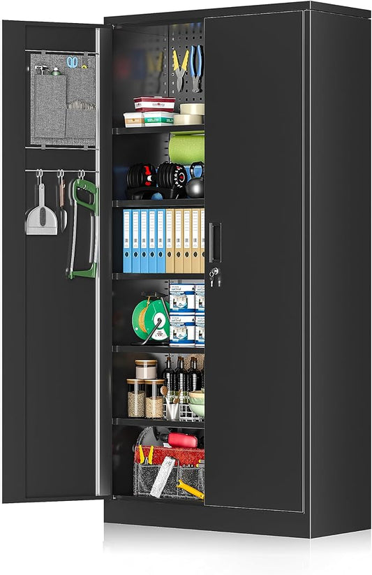 Greenvelly Metal Garage Storage Cabinet with Pegboard, 72" Locking Storage Cabinet with Doors and 4 Adjustable Shelves for Home Office,Garage,Kitchen,School,File (Black)
