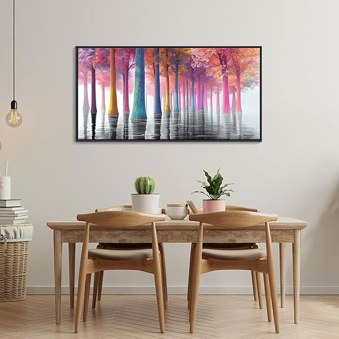 JEAWA Lake Framed Wall Art, Colorful Tree Wall Paintings Large Forest Grey Landscape Canvas Pictures Ready to Hang Bathroom Living Room Bedroom Kitchen Home Office Decor 20x40 IN